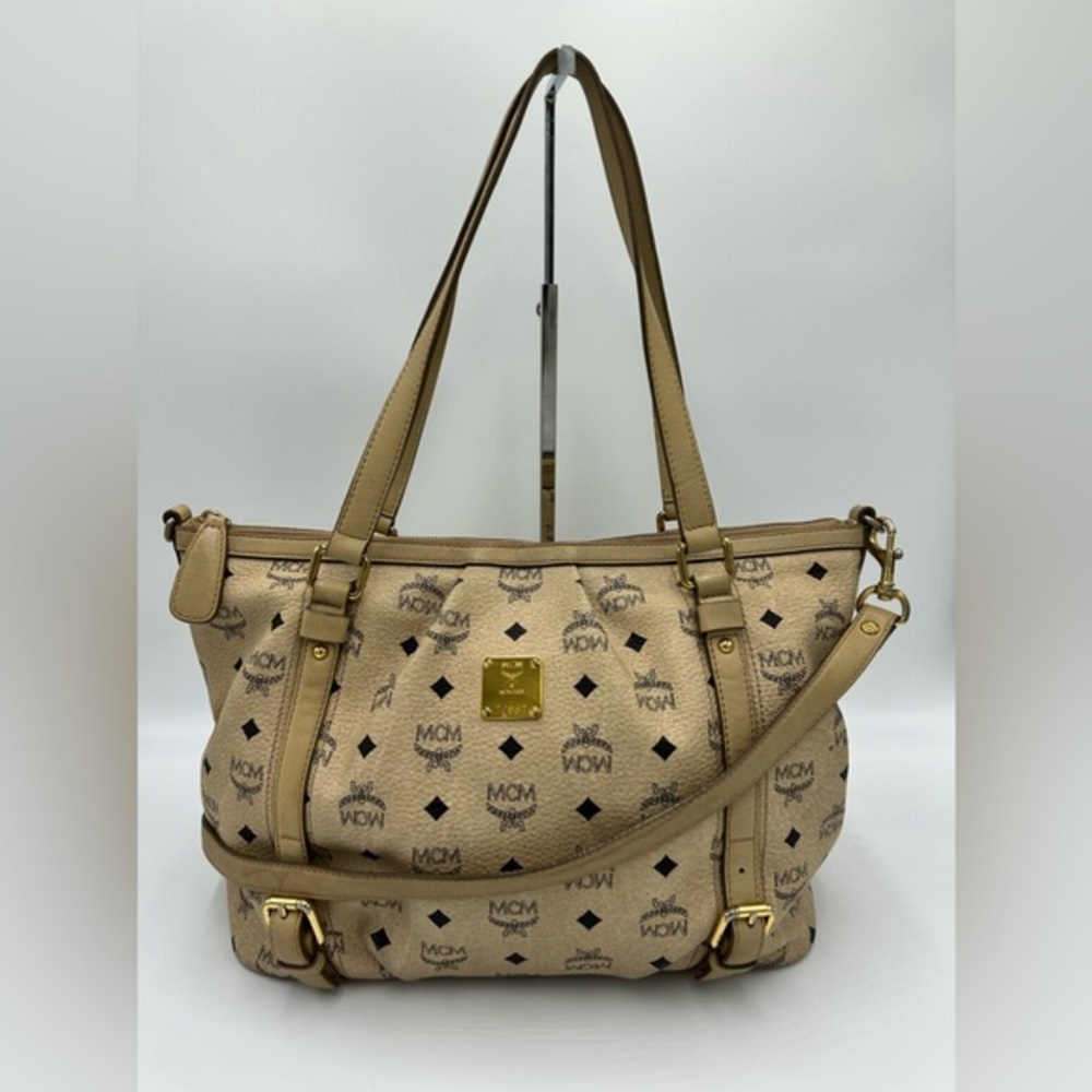 MCM Beige Monogram Leather Shoulder Bag with Gold Hardware